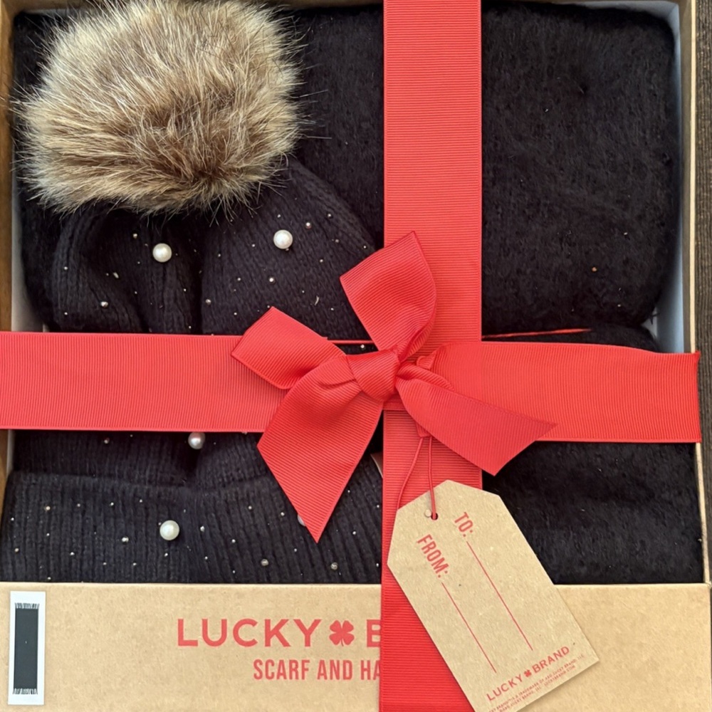 Lucky Brand Black Scarf and Hat Set with Faux Fur Pom-Pom